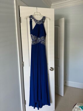 Morgan & Co. Royal Blue Beaded Halter Prom Gown